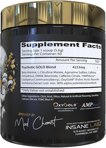 Insane Labz Psychotic Gold, High Stimulant Pre Workout Powder, Extreme Lasting Energy Focus, Pumps and Endurance with Beta Alanine, DMAE Bitartrate, NO Booster (60 Servings, Blue Punch)