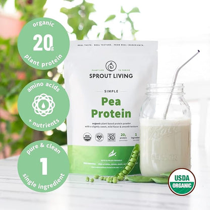 Sprout Living Organic Pea Protein Powder, Unflavored, 20 Grams of Plant Based Organic Protein Powder Without Artificial Sweeteners, Non Dairy, Non-GMO, Vegan, Gluten Free (2 Pound, 38 Servings)
