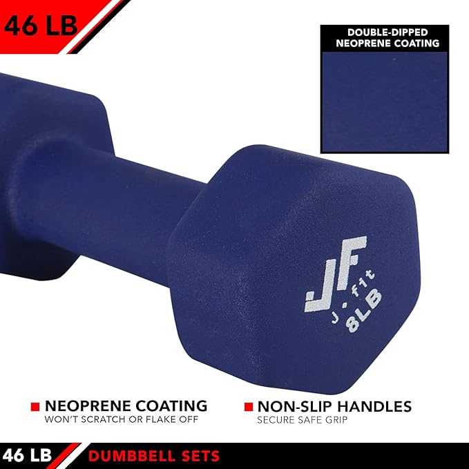 JFIT Dumbbell Pairs or Sets – Neoprene & Vinyl Coated Hand Weights for Home Gym, Strength Training, Aerobics, Cardio Exercise and Fitness