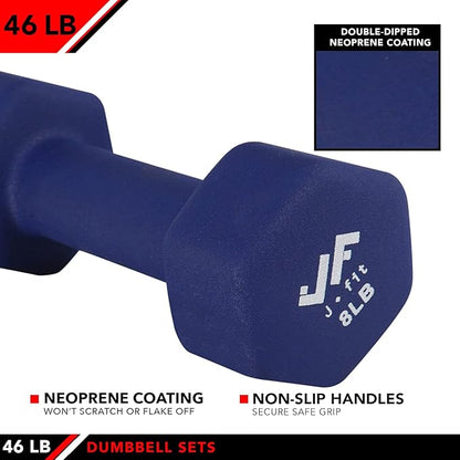 JFIT Dumbbell Pairs or Sets – Neoprene & Vinyl Coated Hand Weights for Home Gym, Strength Training, Aerobics, Cardio Exercise and Fitness