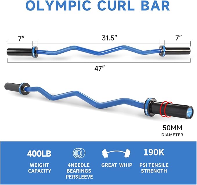 Olympic EZ Curl Barbell Bar, 400LBS Weight Capacity Olympic Curl Bar, 4ft Barbell Weight Bar with Knurled Grip for 2 Inch Weight Plates, Hip Thrusts,Squat,Biceps-Home Gym Weight Bar
