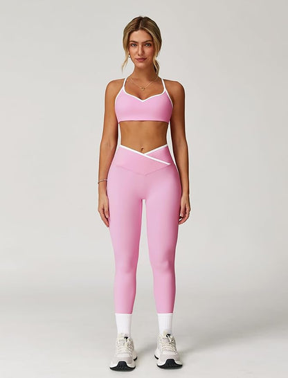 ABOCIW Workout Sets for Women 2 Piece Color Block Strappy Sports Bra High Waist Leggings Gym Yoga Pilates Outfits