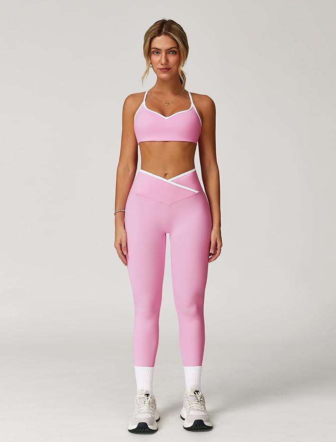 ABOCIW Workout Sets for Women 2 Piece Color Block Strappy Sports Bra High Waist Leggings Gym Yoga Pilates Outfits