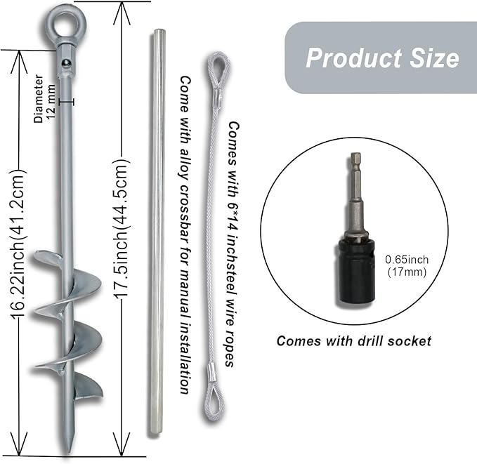 18 inch Ground Anchor Heavy Duty Earth Anchors Set Screw in for Mobile Home, Swing, Tent Trampoline Anchors Wind Resistant Tree Stakes and Supports with Drill Socket, 6 Pack