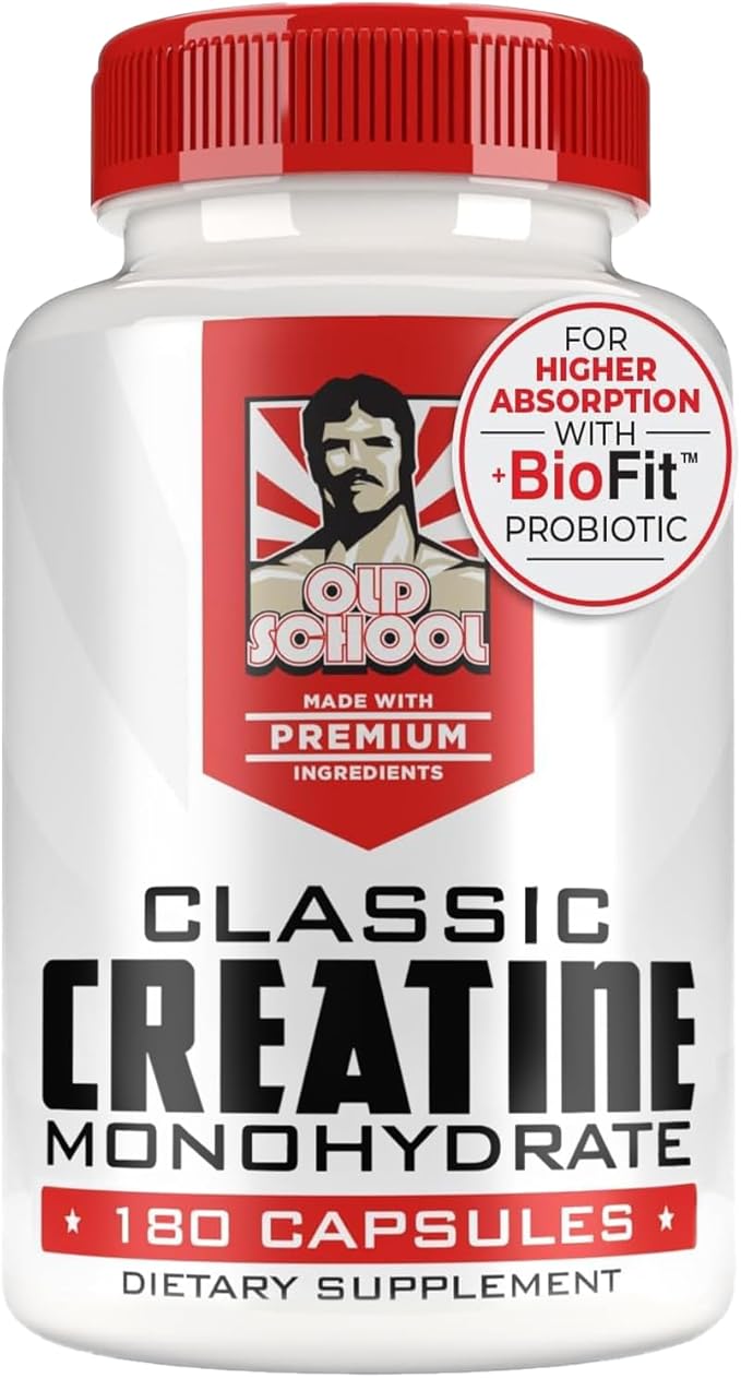 Old School Labs 5000mg Creatine Monohydrate Capsules With BioFit™ (Max Strength) Supports Muscle Growth & Recovery, Performance, Cognitive Health - Creatine Pills for Men & Women, Made in USA 180 Caps