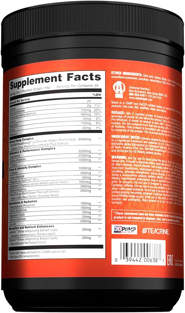 Animal Primal Muscle Hydration + Preworkout Powder ??Contains Beta Alanine, 3DPump, Caffeine & Electrolytes ??Improves Energy, Focus, Endurance & Absorption ??New Wick?™d Peach Flavor, 16.75 oz