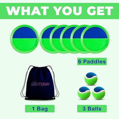 Toss and Catch Ball Set, Outdoor Games, Beach Games for Kids, Toss Ball and Catch Game Set for Kids/Family (6 Paddles, 3 Balls and 1 Storage Bag) (Blue-Green)