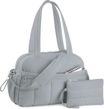 TOPDesign Travel Duffel Bag for Women, Puffer Gym Bag Sports Tote with Wet Pocket, Carry On Weekender with Luggage Sleeve (Light Grey)