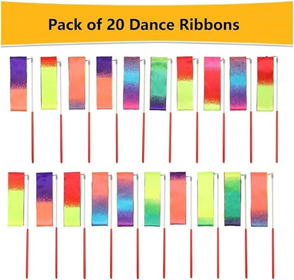 20 Pack Ribbon Dancing Wands Party Favors for Kids, Rainbow Birthday Decorations, Princess Party Supplies, Girls Party Games, Gymnastics Goody Bag Stuffers (Rainbow)