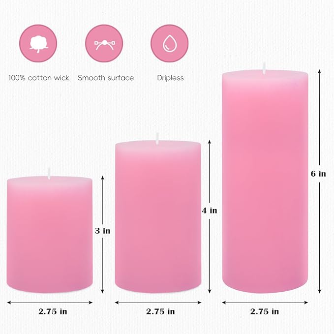 3 Packs Different Size Pink Pillar Candles, Unscented Dripless 2.75x3, 2.75x4, 2.75x6 Inch Pastel Colored Long Lasting Burning Cylinder Wax Candles for Home Power Outage Dinner Table Decoration