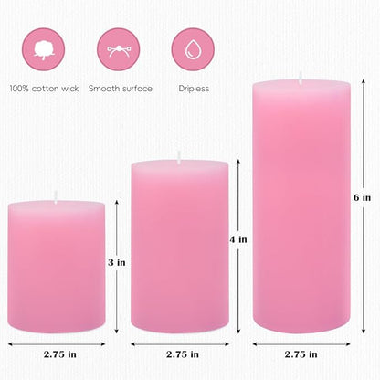 3 Packs Different Size Pink Pillar Candles, Unscented Dripless 2.75x3, 2.75x4, 2.75x6 Inch Pastel Colored Long Lasting Burning Cylinder Wax Candles for Home Power Outage Dinner Table Decoration