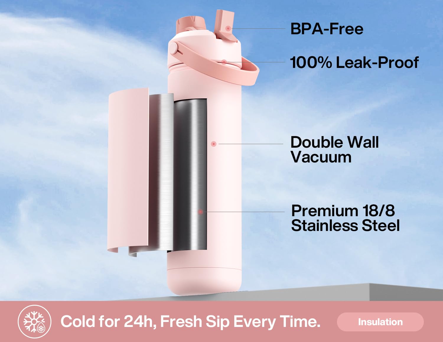 POWCAN 26 oz Insulated Water Bottle with 2-in-1 Straw and Spout Lid, Keep Cold 24H, Leak-Proof