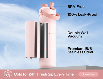 POWCAN 26 oz Insulated Water Bottle with 2-in-1 Straw and Spout Lid, Keep Cold 24H, Leak-Proof