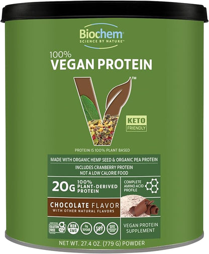 Biochem 100% Vegan Protein, Natural Amino Acids, Gluten Free, Keto, Non Whey, Pea & Hemp Protein Powder for Women and Men, 24 Servings 2 LB (Chocolate)