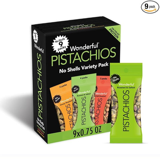Wonderful Pistachios No Shells, 3 Flavors Mixed Variety Pack of 9 (0.75 Ounce), Roasted & Salted