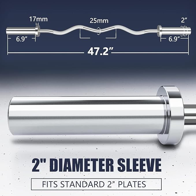 TECHNOAGE Olympic EZ Curl Bar, 47" Curl Bar(350/500LBS Capacity) 20LB, Solid Steel, Chrome Finish Barbell with Copper Sleeve and Bearing for 2-inch Plates, for Weight Lifting,Hip Thrusts,Squat,Biceps-Home Gym Weight Bar