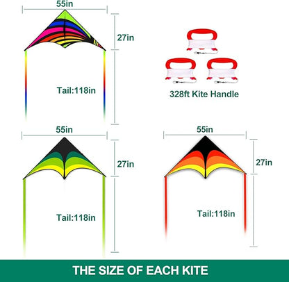 Mint's Colorful Life 3 Pack Delta Kite Set for Kids & Adults, Easy to Fly Large Kites for Beginners, Perfect Family Kites for Park and Beach Trip with 300ft String Included