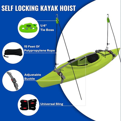 Tie Boss Kayak Hanger, Cargo Ceiling Storage, Overhead Storage, Watercraft Garage Storage, Hoist System. Green
