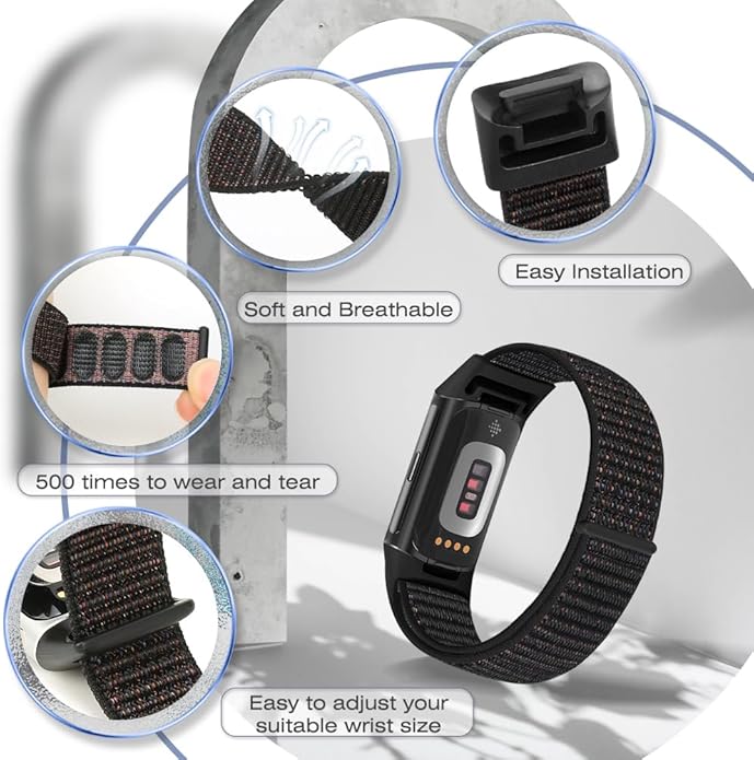 Sport Loop Nylon Watch Bands Compatible with Fitbit Charge 6/5, Adjustable Breathable Replacement Soft Nylon Loop Wristband for Women/Men