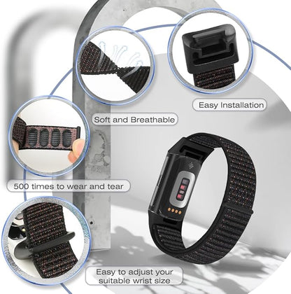 Sport Loop Nylon Watch Bands Compatible with Fitbit Charge 6/5, Adjustable Breathable Replacement Soft Nylon Loop Wristband for Women/Men