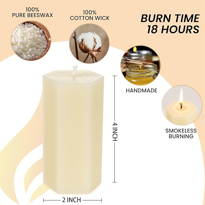 6PCS Hexagon Beeswax Pillar Candles,Large Handmade Pure Beeswax Candle,Unscented Smokelessï¼? * 4",18H, White