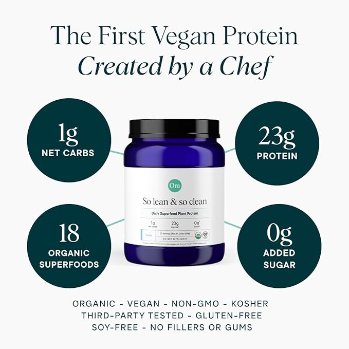 Ora Organic Plant-Based Protein Powder - 23g Protein for Women and Men - Vanilla Flavor 20 Servings, Vegan, Clean Protein, Third-Party Tested, Gluten-Free - 20 Servings