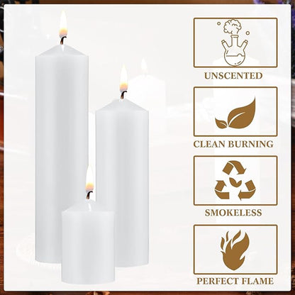 MTLEE 108 Pcs Pillar Candles Bulk Set of 3 Long Burning Wax Pillar Candles 2 in x 3, 6, 8 Inch Dripless Unscented Smokeless Candles for Wedding Party Spa Lantern Fireplace Home