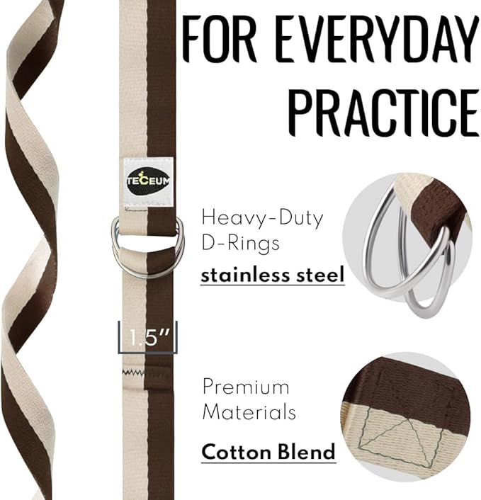 TECEUM Yoga Strap & Mat Strap – 2 IN 1 – Cotton – 6 ft 8 ft 10 ft (30+ colors) – Adjustable Non-Slip Belt for Yoga, Pilates, Stretching, Physical Therapy, Fitness & Home Workout – For Carrying Mats