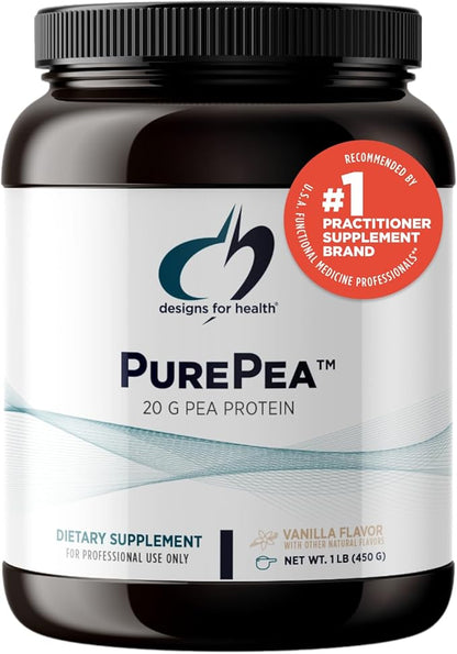 Designs for Health PurePea - 20g Vegan Pea Protein, Non-GMO Natural Drink Mix Powder Supplement, Vanilla (15 Servings / 450g)