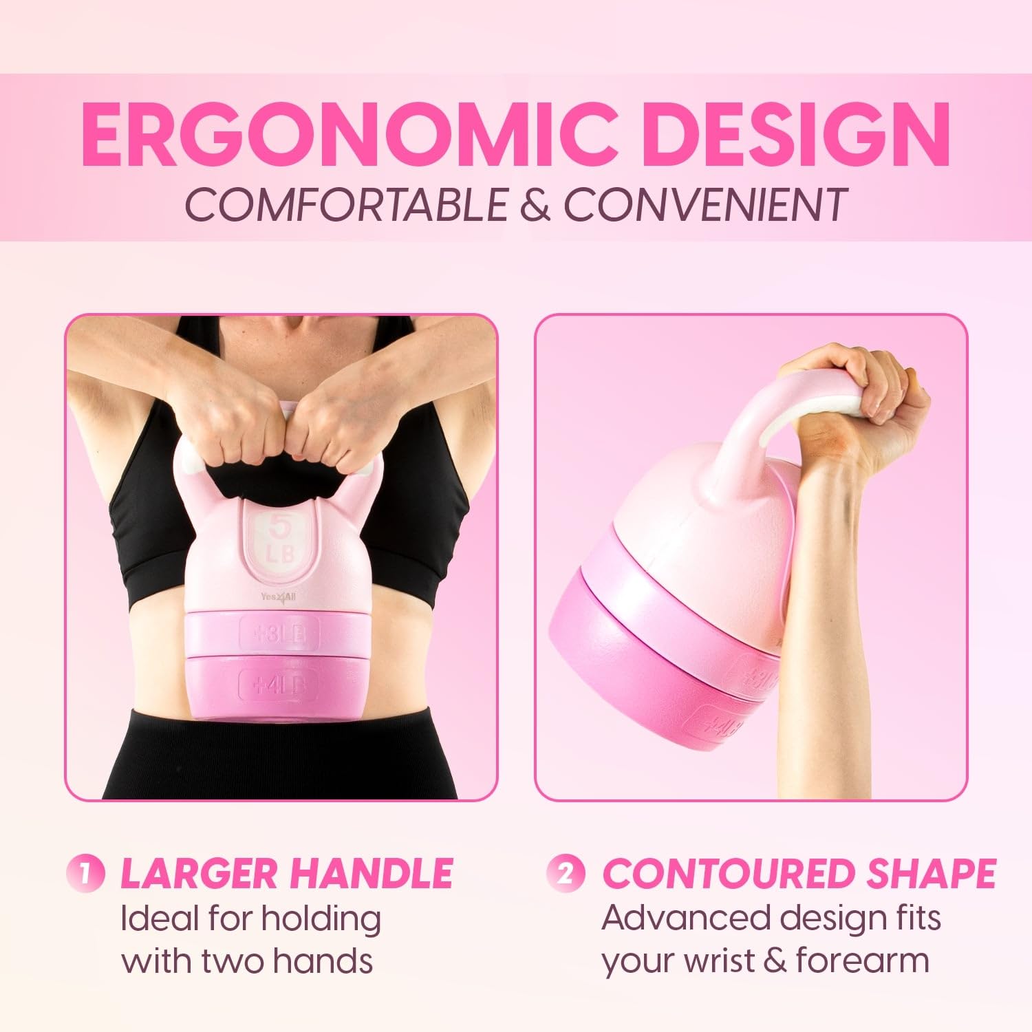 Yes4All Adjustable Kettlebell for Women – Pink Home Gym Set, 5lb–12lb Adjustable Weight, Compact