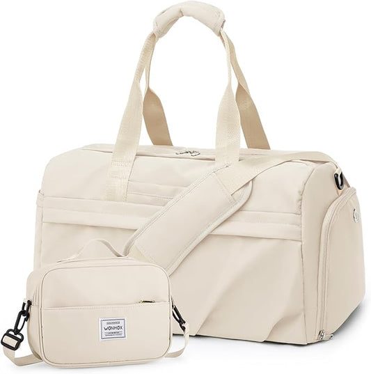 Gym Bag for Women Men, Sport Duffel Bag with Toiletry Bag & Shoe Compartment,Waterproof Travel Weekender Overnight Carry on Bag for Yoga with Trolley Sleeve, Beige Set