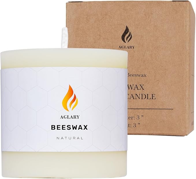 3"x 3" Beeswax Pillar Candle, Made of Pure Natural Beeswax, with Ultra Long Burning Time and Low Allergenicity-White