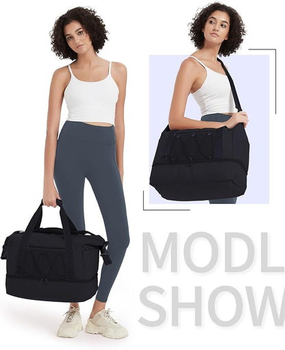 sportsnew Gym Travel Bag for Women, Large Travel Duffel with Shoe Compartment and Wet Pocket, Water Resistant Weekender Overnight Carry on Sports Tote Bags, Black, patent pending