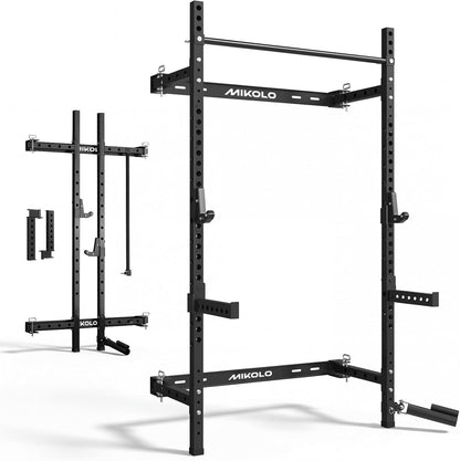 Mikolo 2" x 2" Folding Wall Mounted Squat Rack, 1000 Pounds Capacity Power Rack with Safety