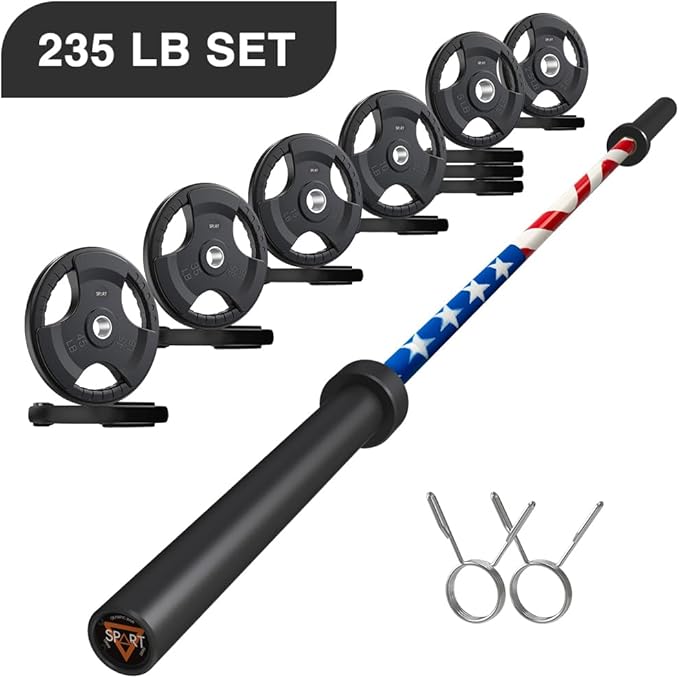 7FT Olympic Barbell Bar with Weight Plate Set Combo, Solid Olympic Bar with Bearings, 700Lbs Capacity Weight Bar for Home Gym Strength Training, Weightlifting, Powerlifting, Fit for 2" Olympic Plates