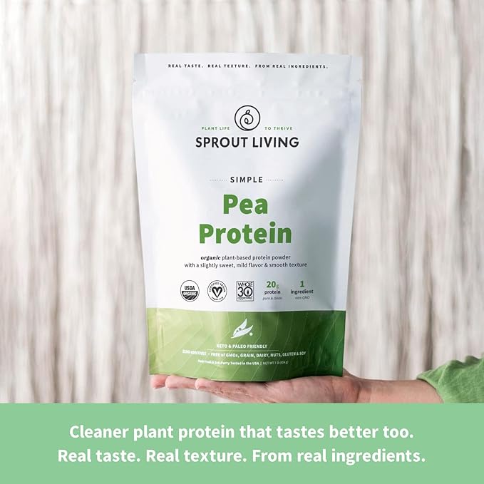 Sprout Living Organic Pea Protein Powder, Unflavored, 20 Grams of Plant Based Organic Protein Powder Without Artificial Sweeteners, Non Dairy, Non-GMO, Vegan, Gluten Free (5 Pound, 95 Servings)