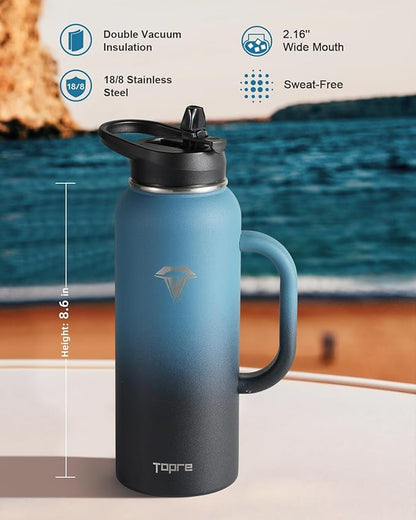 40 oz Insulated Water Bottle with Straw and Lid, Food-grade Double Wall Vacuum Stainless Steel Flask with Handle,Leakproof Metal Travel Jug With Pouch and Brush,Keep Cold & Hot,Indigo Black