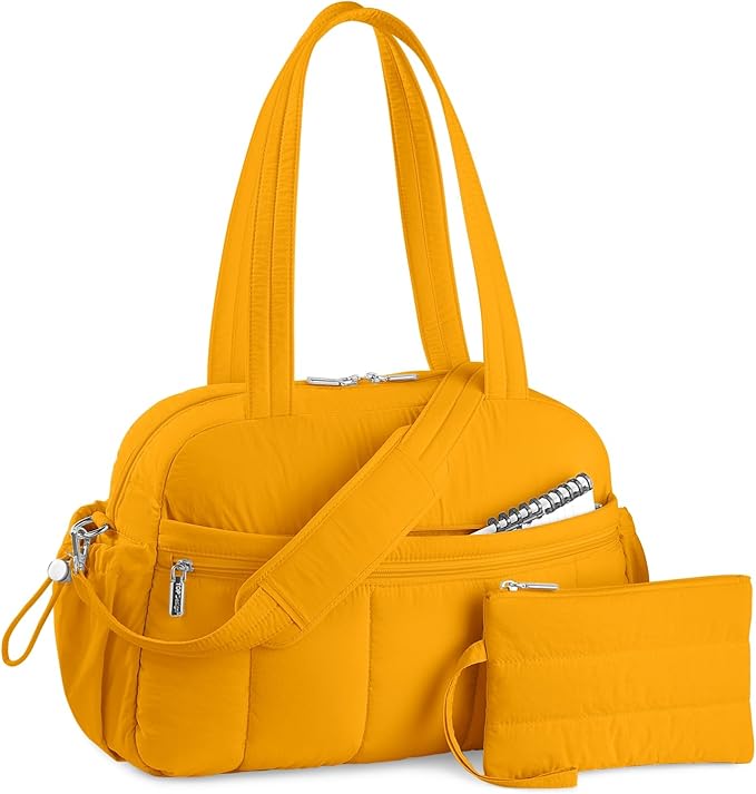 TOPDesign Travel Duffel Bag for Women, Puffer Gym Bag Sports Tote with Wet Pocket, Carry On Weekender with Luggage Sleeve (Golden Yellow)