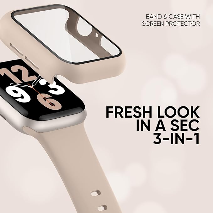 Compatible for Apple Watch Band 40mm 41mm and Case with Screen Protector, Soft Silicone Sport Strap Bands and Protective Cover with Tempered Glass for iWatch Series 9 8 7 SE 6 5 4