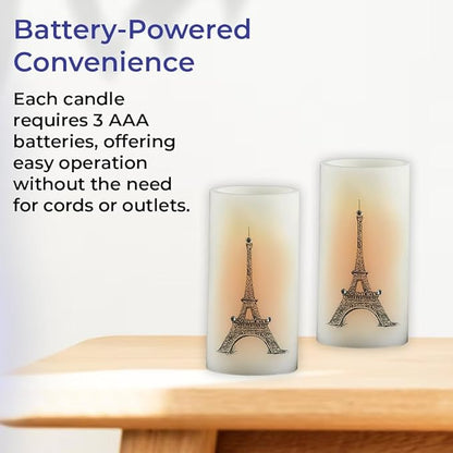 SAGEFINDS Eiffel Tower LED Candles, Set of 2, Flameless Real Wax Pillar Candles, Battery Operated, 6” x 3”