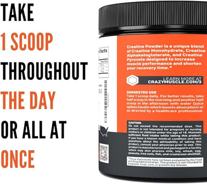 Crazy Muscle Creatine Monohydrate Powder, 5000mg Premium 3X ThreeAtine Pre Workout Mass Gainer, High Absorption Easy to Take Powder Optimum Performance for Men & Women, 60 Servings
