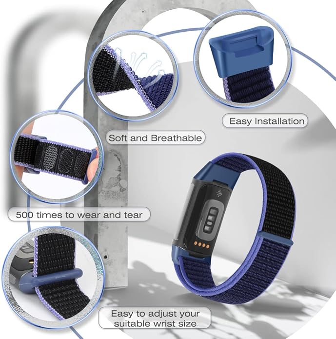 Sport Loop Nylon Watch Bands Compatible with Fitbit Charge 6/5, Adjustable Breathable Replacement Soft Nylon Loop Wristband for Women/Men