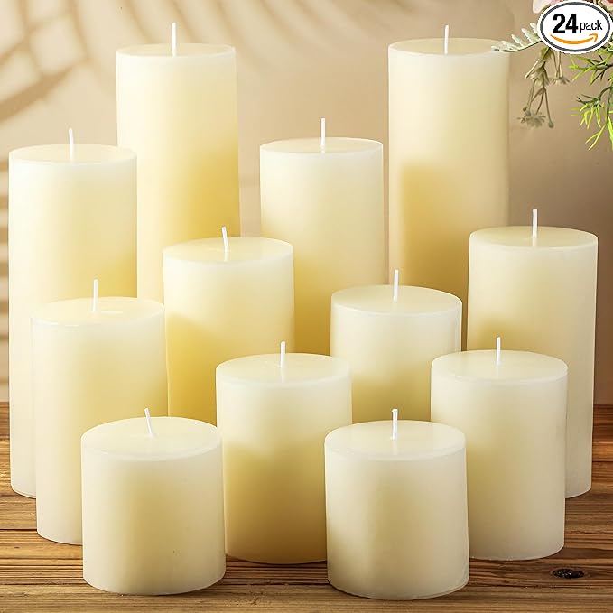 Shihanee 24 Pcs Pillar Candles 3 in x 3,4,5,6,8,10 Dripless Unscented Smokeless Candle Long Burning Decorative Rustic Candles with Cotton Wick for Wedding Home Fireplace (Ivory White)