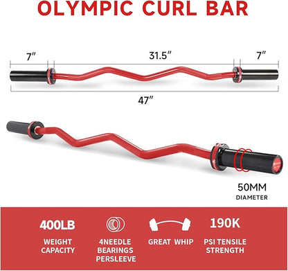 Olympic EZ Curl Barbell Bar, 400LBS Weight Capacity Olympic Curl Bar, 4ft Barbell Weight Bar with Knurled Grip for 2 Inch Weight Plates, Hip Thrusts,Squat,Biceps-Home Gym Weight Bar