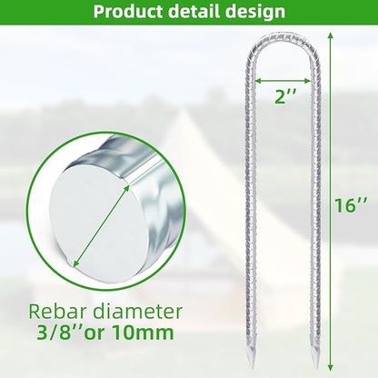 Trampoline Stakes Anchors High Wind 16inx10mm Galvanized U Hook 8pcs Rebar Stakes – Heavy Duty Ground Anchors for Trampoline,Yard & Inflatable,Landscape Metal Stakes for Outdoor Decorations