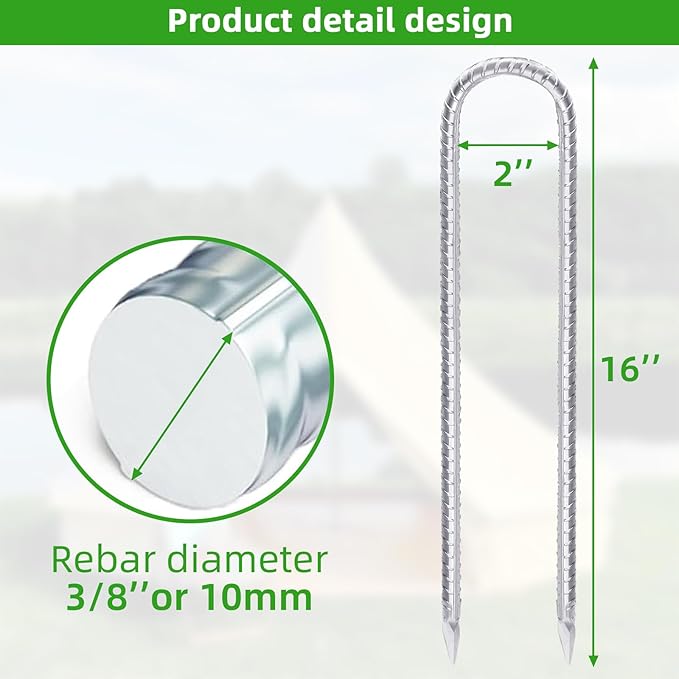 Trampoline Stakes Anchors High Wind 16inx10mm Galvanized U Hook 6pcs Rebar Stakes – Heavy Duty Ground Anchors for Trampoline,Yard & Inflatable,Landscape Metal Stakes for Outdoor Decorations