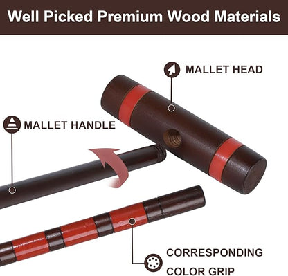 28In Croquet Party Set for 8 Players - Made of Long-Lasting Pine Wood, Family Fun for Backyards, Camping and More, Comes with Colorful Mallets, PE Balls, Wickets, Stakes, and Carrying Bag