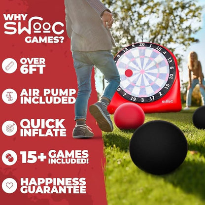 SWOOC Games - Inflatable Giant Kick Darts (15+ Ways to Play) - Jumbo Soccer Dartboard w/Air Pump - Big Carnival Games - Giant Outdoor Games - Oversized Dart Board Yard & Lawn Game for Kids & Adults