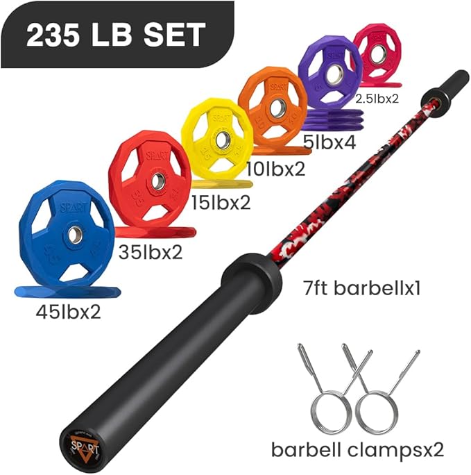 7FT Olympic Barbell Bar with Weight Plate Set Combo, Solid Olympic Bar with Bearings, 700Lbs Capacity Weight Bar for Home Gym Strength Training, Weightlifting, Powerlifting, Fit for 2" Olympic Plates