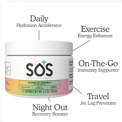SOS Hydration Electrolyte Drink Mix (31 Servings) – Low Sugar, 15 Calorie, Keto-Friendly & Rapid Rehydration (31 Servings, Rainbow Sherbert)